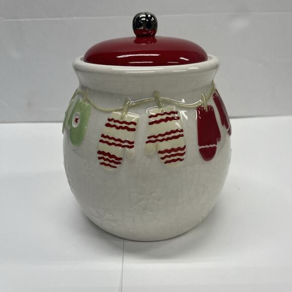 Hallmark Ceramic Cookie Jar Mittens Close Line White Red Green Jingle Bell 7” - Picture 2 of 11